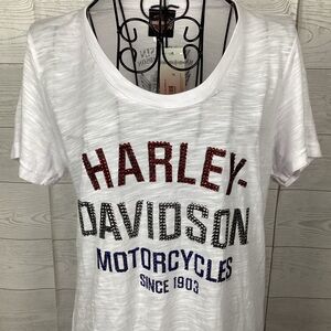 Harley-Davidson White Tee with Red and Blue Accents